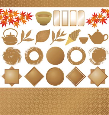 Japon kavrulmuş yeşil çay illüstrasyonlar seti. hojicha. houji çay.
