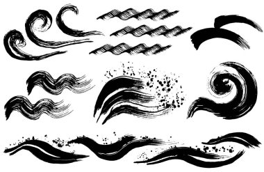 Fırça konturu dalgalar kümesi. çizili şekillerin el.