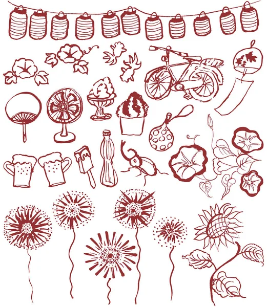 Conjunto Ícones Verão Japoneses Ilustrações Desenhadas Mão — Vetor de Stock