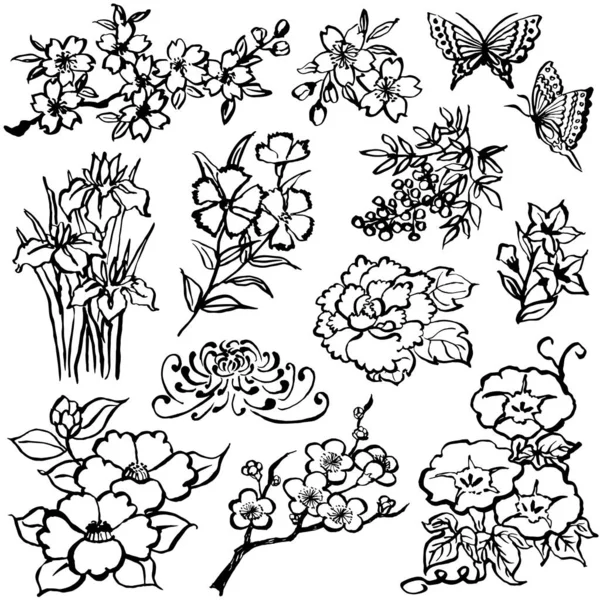 Set Icone Floreali Asiatiche Illustrazioni Disegnate Mano — Vettoriale Stock