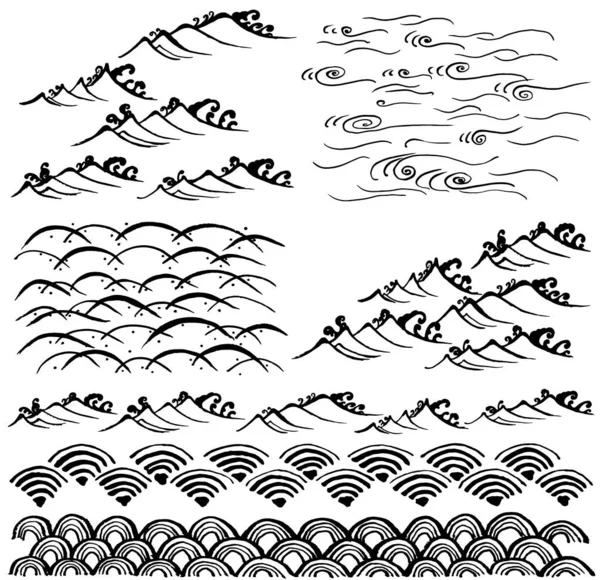 Набор Волн Японская Волна Ручные Рисунки — стоковый вектор
