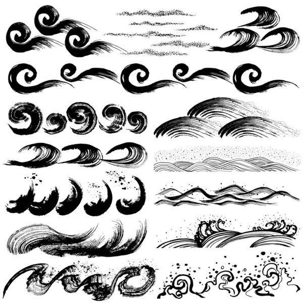 Conjunto Olas Spray Mar Cepillar Ondas Formas Dibujadas Mano — Archivo Imágenes Vectoriales