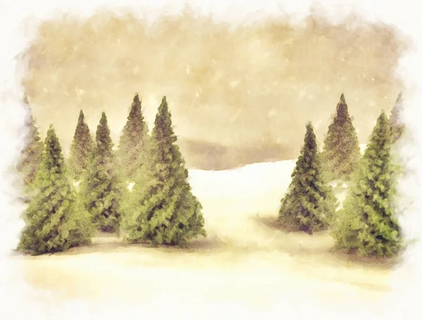 Biglietto Natale Sfondo Pini Nella Neve — Foto Stock