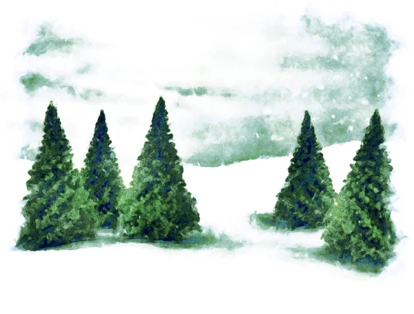 Winter scène sneeuw en groene Pine bomen digitale schilderij — Stockfoto