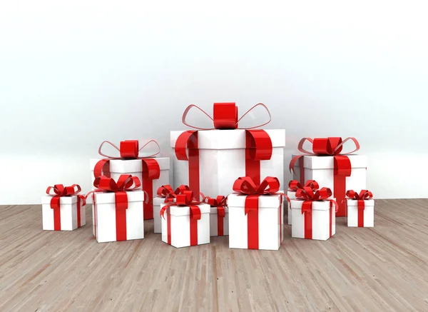 Gift boxes with ribbons on wooden floor background — Stock Photo, Image