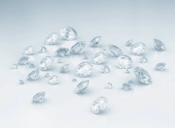 Diamanty se rozprostírají na lesklé bílé podlaze — Stock fotografie