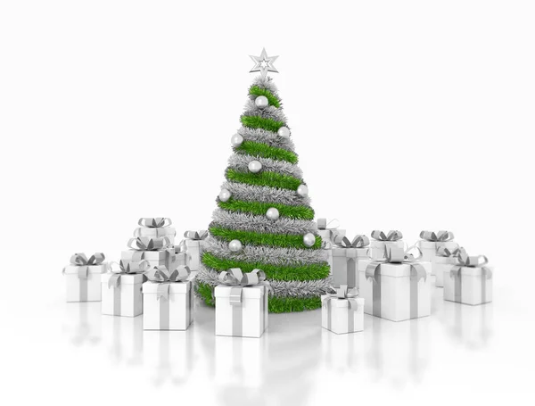 Gedecoreerde Kerstboom Geschenken Witte Achtergrond — Stockfoto