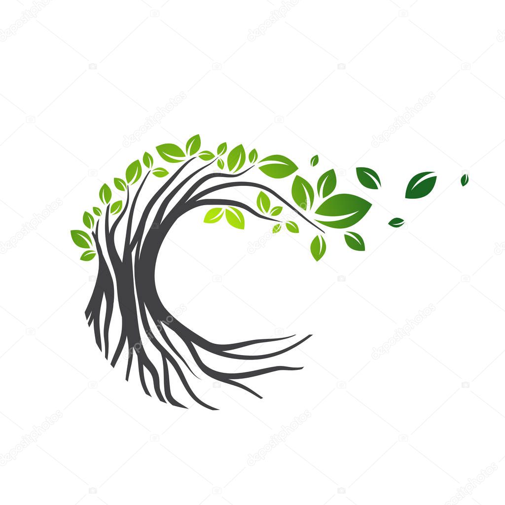 Round Tree With Flying Leaves can use as logo