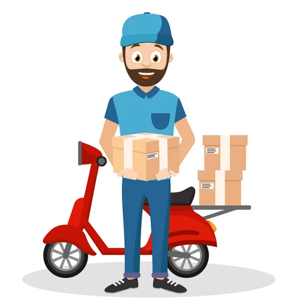 Courier delivers parcels on a moped on a white. — Stock Vector