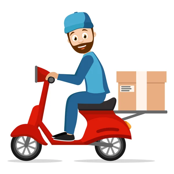 Courier lleva un paquete en un scooter en un blanco . — Archivo Imágenes Vectoriales