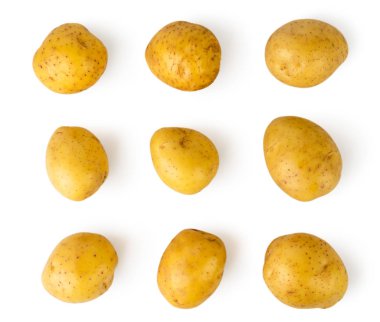 Taze patates beyaz ortaya koydu. Üstten görünüm.