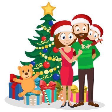 Genç aile baba, anne ve kızı ile hediyeler Noel ağacı yakınındaki.