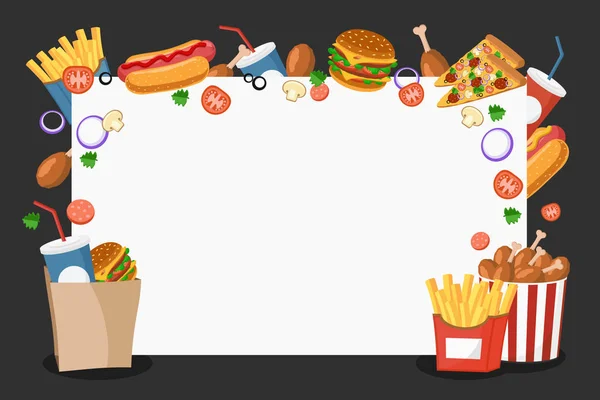 Rahmen mit Fast-Food-Produkten mit freier Textfläche. — Stockvektor