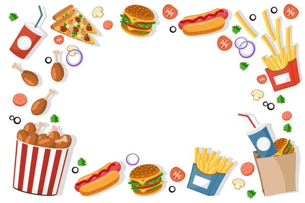 Fast food hamburgery, frytki, hot-dogi znajduje się w ramce na białym. Widok z góry. — Wektor stockowy