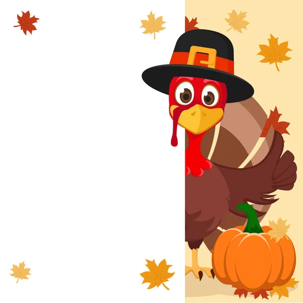 The Turkey in hat Peeps out from behind the white sheet and shows a like. Thanksgiving day — Stock Vector