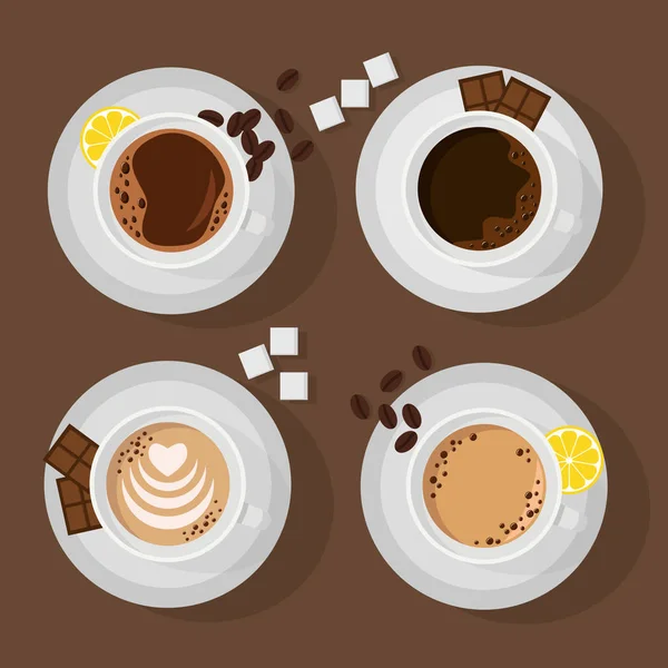 Quatre tasses avec différents grains de café, chocolat, citron et café. La vue du haut . — Image vectorielle