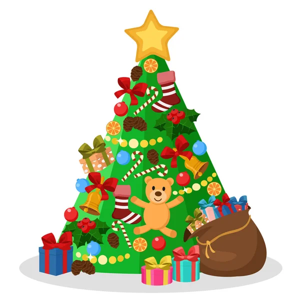 Árvore de Natal decorada com brinquedos, cones, guirlandas e um saco de presentes em um branco . —  Vetores de Stock