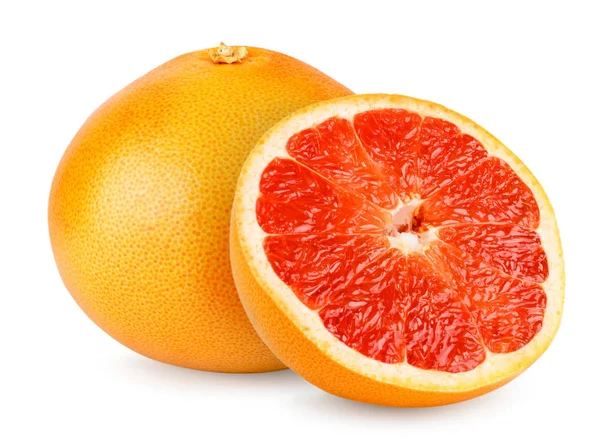 Rijpe grapefruit en halve close-up op een wit. Geïsoleerd. — Stockfoto