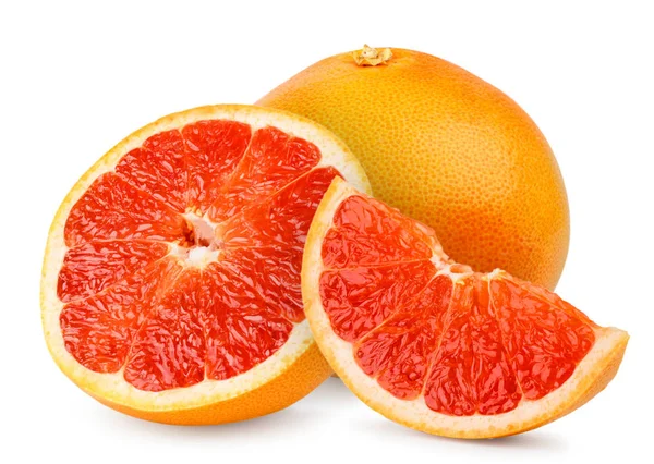 Rijpe grapefruit, helft en stuk op een wit. Geïsoleerd. — Stockfoto