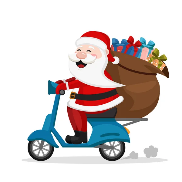 Санта-Клауса несе скутер мішок з подарунками. — стоковий вектор