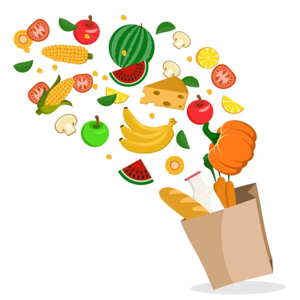 Legumes frescos, frutas e alimentos saudáveis estão voando no pacote em um branco . —  Vetores de Stock