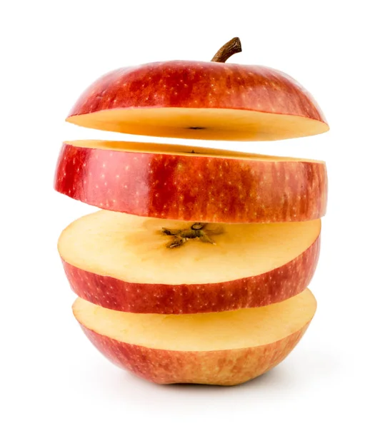 Pomme Rouge Mûre Coupée Morceaux Flottant Dans Air Gros Plan — Photo