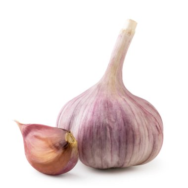 İzole sarımsak. Sarımsak baş ve dilim yakın çekim bir beyaz