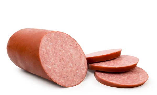 Sausage and sausage slices on white background. — Stock Photo, Image