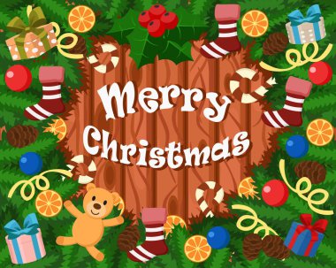 Noel ağacı dalları, oyuncaklar, hediyeler, koniler, şeker, portakal ve Noel çorap Noel arka plan. Ahşap bir arka plan üzerinde.