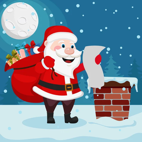 Санта Клаус Пакетом Подарков Крыше Читает Список Рождественская Открытка — стоковый вектор