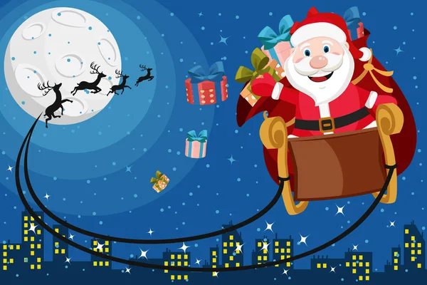 Санта Клаус Подарками Летящими Оленьих Санях Над Городом Ночное Небо — стоковый вектор