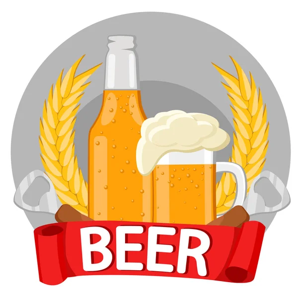 Uma Garrafa Cerveja Uma Caneca Cerveja Espiguetas Abridor Garrafas Fundo —  Vetores de Stock