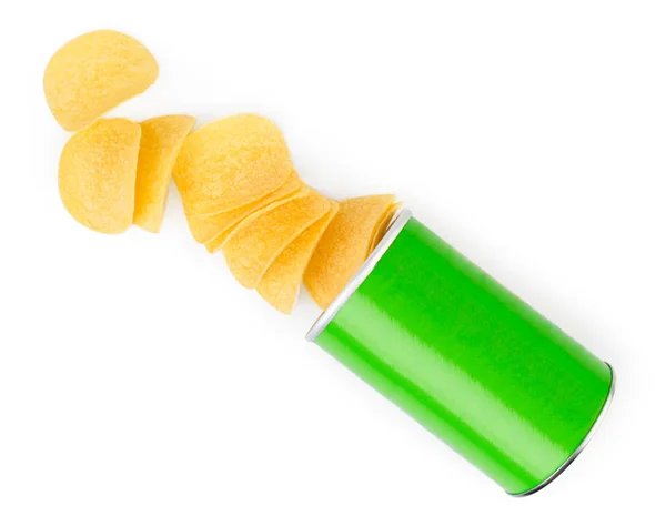 Potato Chips Fell Green Jar White Background View Top — Stock Photo, Image