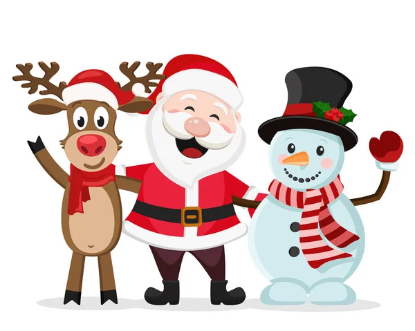 Jultomten, snögubbe och rådjur stå i en omfamning och leende på vit bakgrund. — Stock vektor