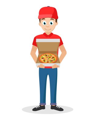 Beyaz bir arka plan üzerinde kurye ile pizza teslim.