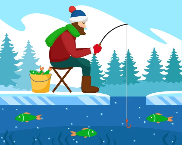 Rybář chytí ryby v zimě na tyči. — Stockový vektor