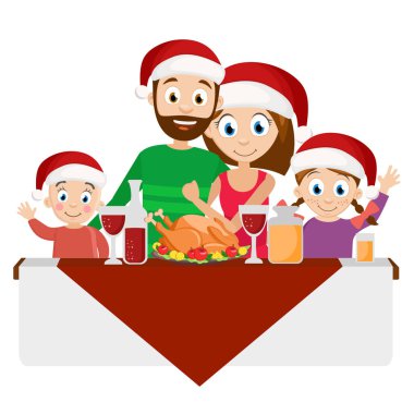 Beyaz bir Noel yemeği, kırmızı şapka genç ailesinden.