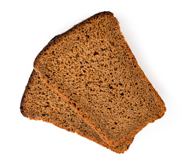 Two pieces of rye bread on a white background. The view from the top.