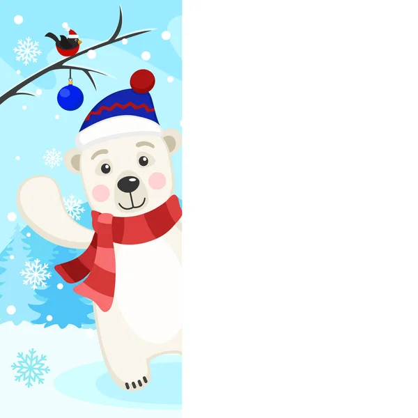 Um urso polar de chapéu e cachecol olha por trás do escudo . —  Vetores de Stock