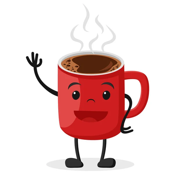Heißer Kaffee in einer Tasse, lächelnd und winkend. — Stockvektor