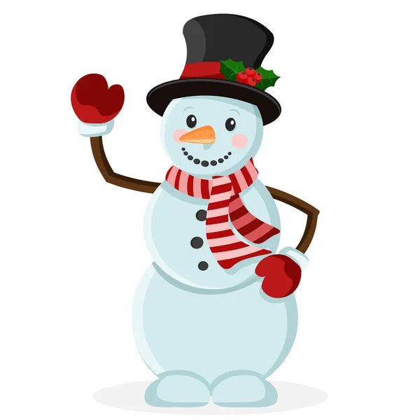Il pupazzo di neve nel cappello sorride e agita la mano nel saluto . — Vettoriale Stock