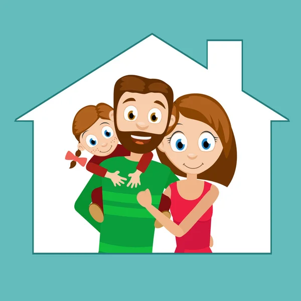 Μικρά οικογενειακά πατέρας, μητέρα και κόρη στην απεικόνισή του ένα νέο σπίτι. — Διανυσματικό Αρχείο