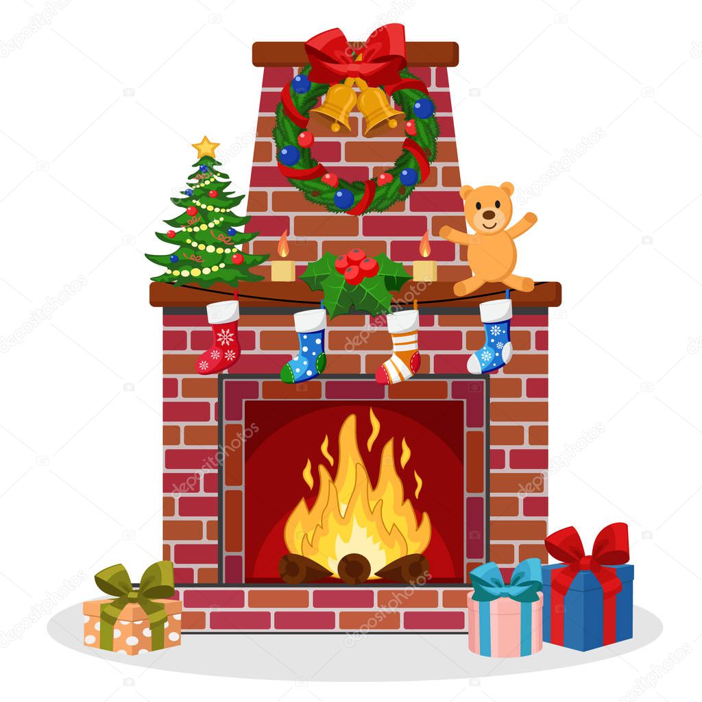 Fireplace of brick decorated with socks, Christmas tree, candles, bells, toy, gifts around.