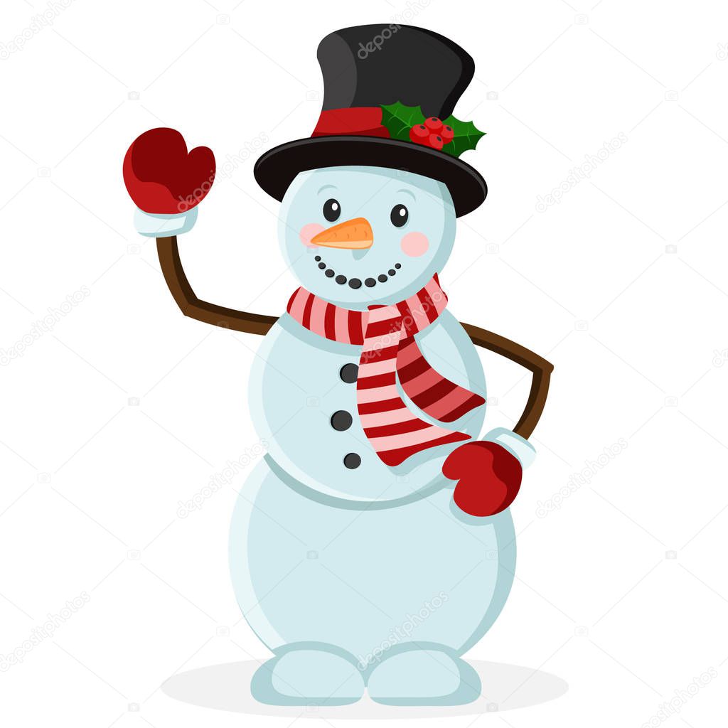 The snowman in the hat smiles and waves his hand in greeting.
