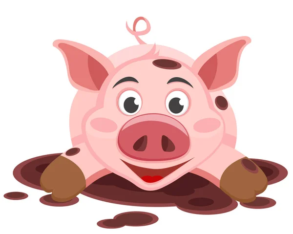 猪躺在泥坑里, 微笑着. — 图库矢量图片