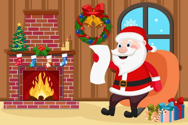 Papai Noel está sentado em uma cadeira perto da lareira com fogo e leitura . —  Vetores de Stock