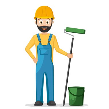Bir fırça ve boya bir kova ile bir kask ve tulum Builder'da standları.