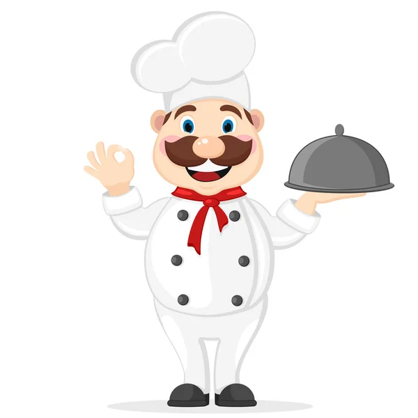 Chef sosteniendo bandeja y sonriendo en un blanco. Carácter — Vector de stock