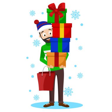 Şapkalı adam bir sürü Noel hediye kutuları taşıyor.