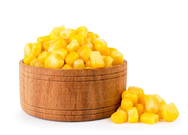 Canned corn in wooden plate on a white, isolated. — Stock Photo, Image
